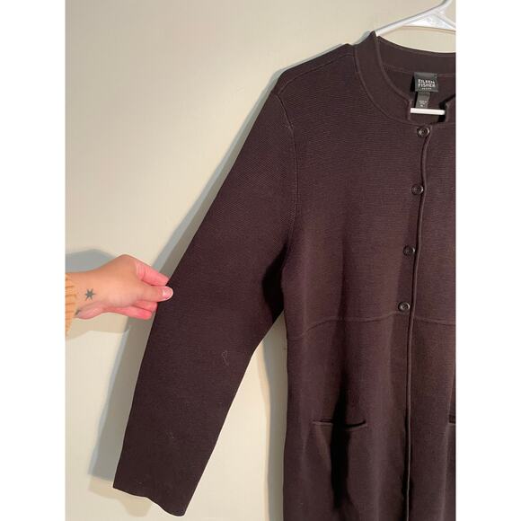 Eileen Fisher Chocolate Brown Silk and Cotton Cardigan Size Petite Large - Picture 2 of 10